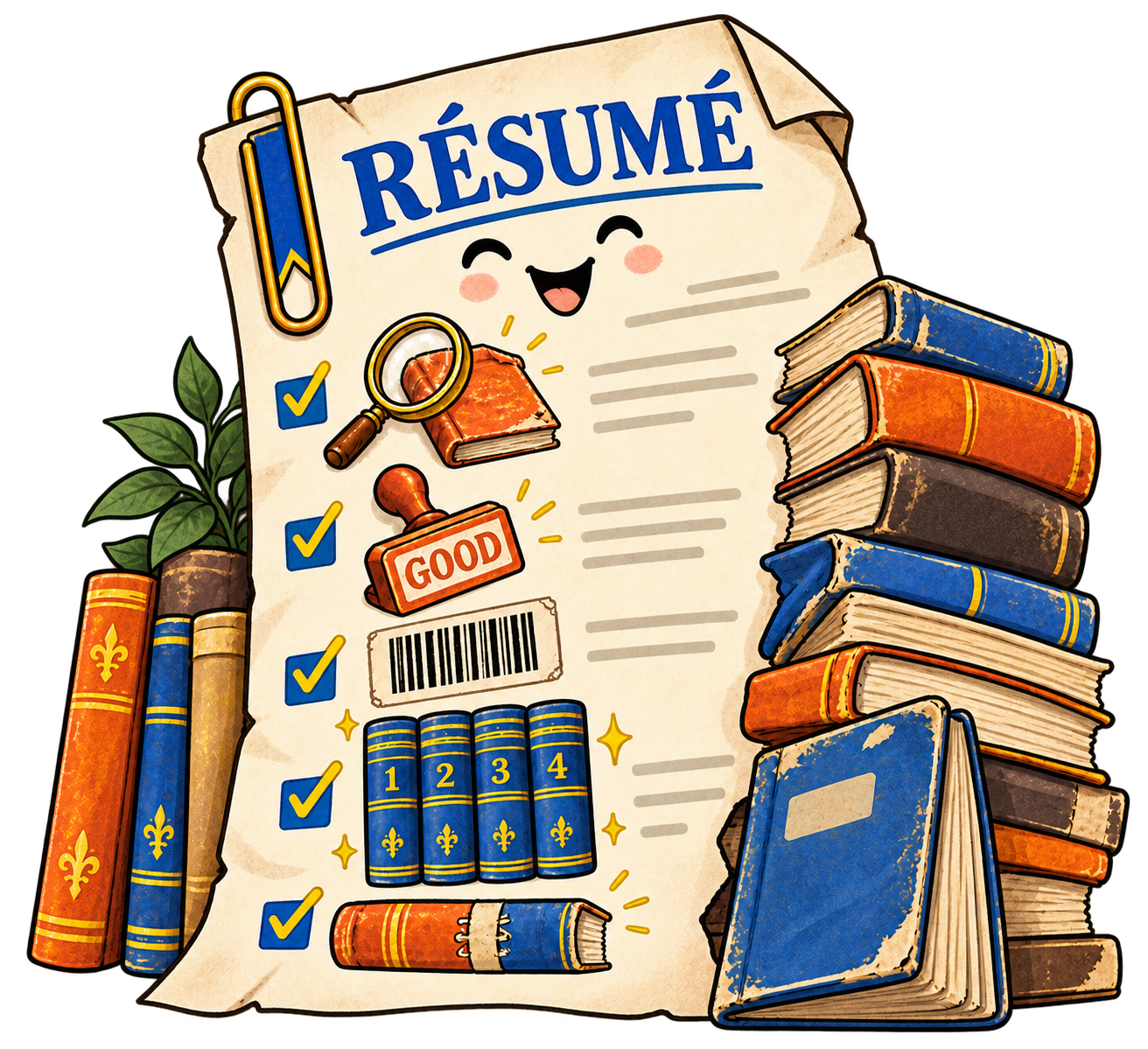 A cheerful cartoon résumé with well-loved books and a matching four-volume set